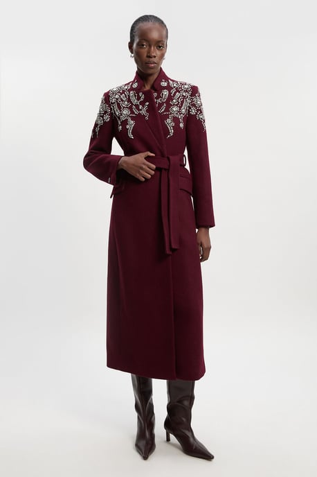 Wool Crystal Embellished Notch Neck Belted Maxi Coat - Image 1