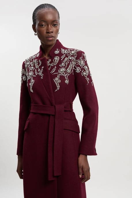 Wool Crystal Embellished Notch Neck Belted Maxi Coat - Image 2