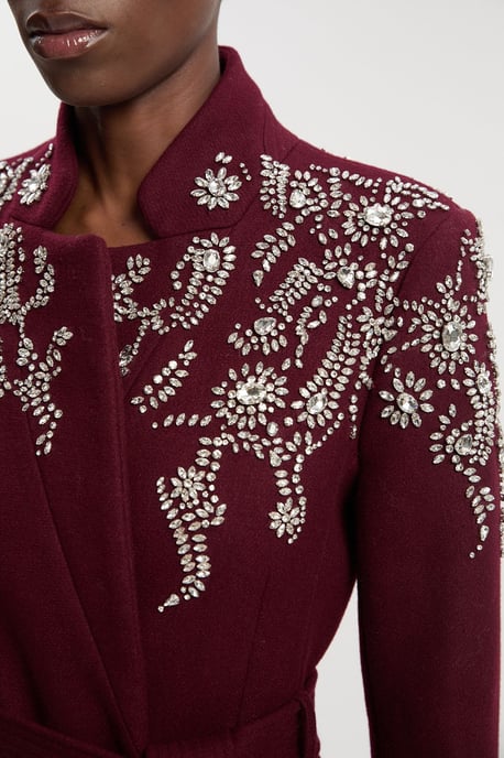 Wool Crystal Embellished Notch Neck Belted Maxi Coat - Image 3