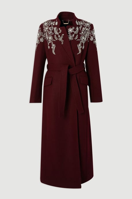 Wool Crystal Embellished Notch Neck Belted Maxi Coat - Image 4