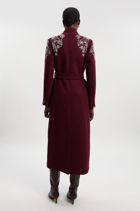 Wool Crystal Embellished Notch Neck Belted Maxi Coat - Image 5