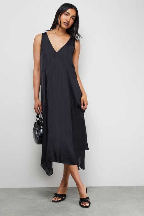 Satin Sleeveless Asymmetric Hem Chiffon Godet Midi Dress - Image 1