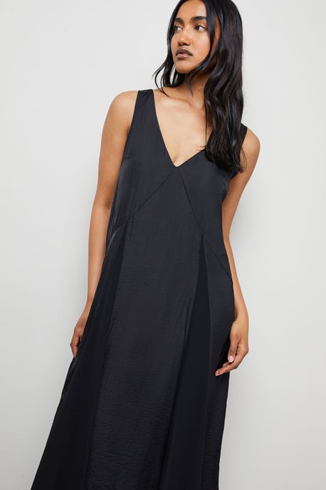 Satin Sleeveless Asymmetric Hem Chiffon Godet Midi Dress - Image 2