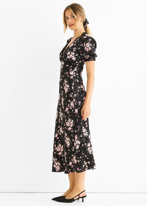 Black Floral Lace Trim Bias Midi Dress - Image 3