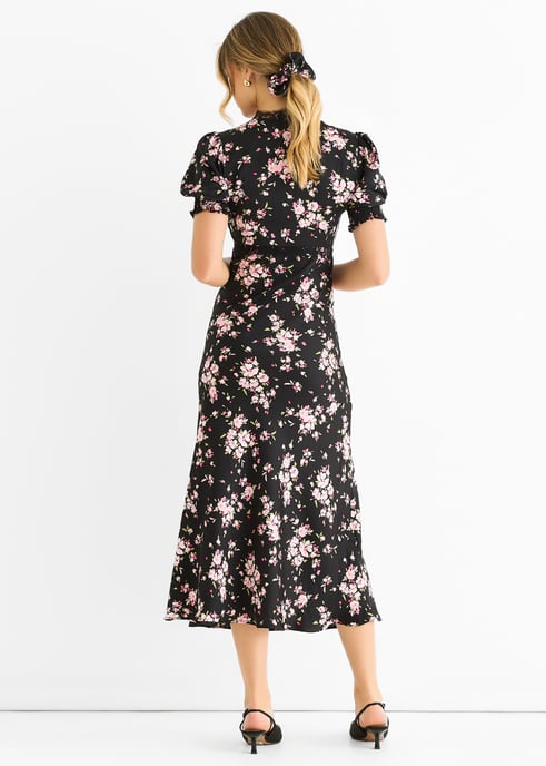 Black Floral Lace Trim Bias Midi Dress - Image 4