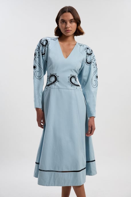 Baroque Embroidered Long Sleeve Twill Woven Midi Dress - Image 1