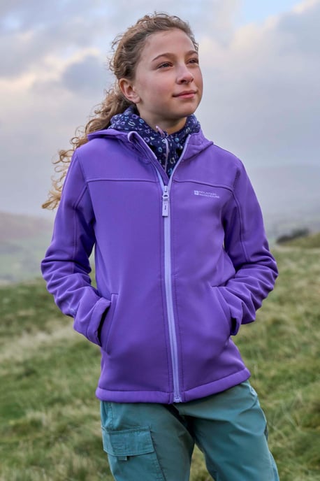 'Exodus' Kids Black Softshell Jacket with Two Side Pockets Fleece Lined Water Resistant Outdoors Coat Purple - Image 1