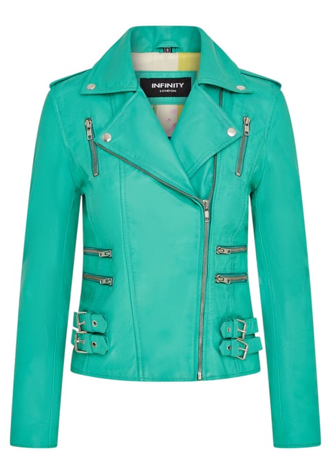 Womens Leather Aqua Blue Brando Biker Jacket-Constantia - Image 2