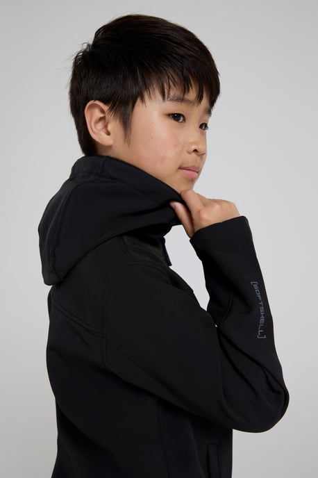 'Exodus' Kids Black Softshell Jacket with Two Side Pockets Fleece Lined Water Resistant Outdoors Coat Black - Image 4