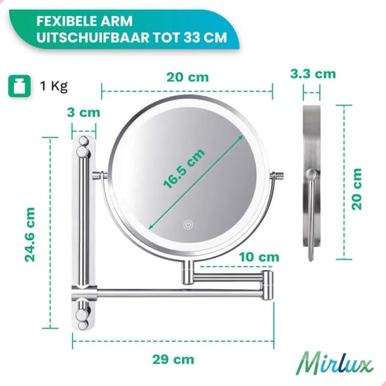 Mirlux Make-up spiegel oplaadbaar chroom 1-7x vergroting - Image 3