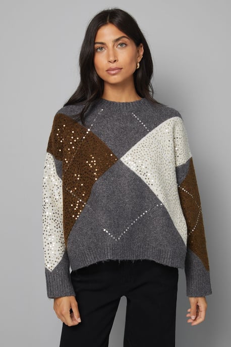 Grey Oversized Argyle Jumper - Image 1