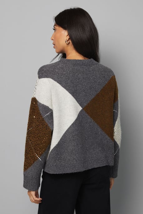 Grey Oversized Argyle Jumper - Image 3