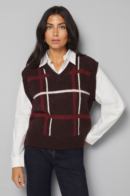 Burgundy 2 In 1 Check Knitted Tank And Shirt - Image 1
