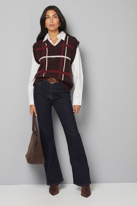 Burgundy 2 In 1 Check Knitted Tank And Shirt - Image 2