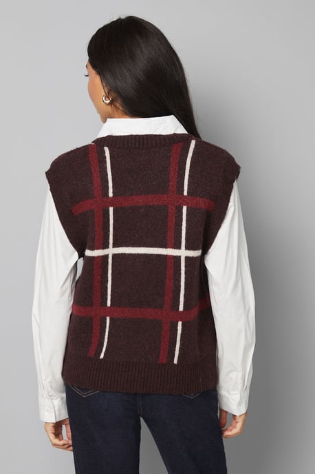 Burgundy 2 In 1 Check Knitted Tank And Shirt - Image 3