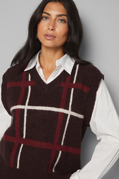 Burgundy 2 In 1 Check Knitted Tank And Shirt - Image 4