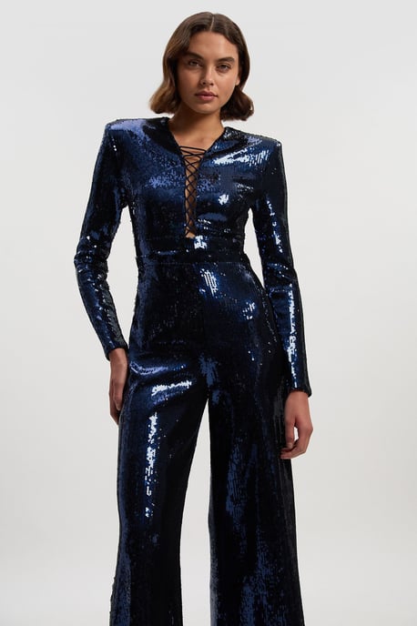 Sequin Power Mesh Lace Up Detail Long Sleeve Jumpsuit - Image 2