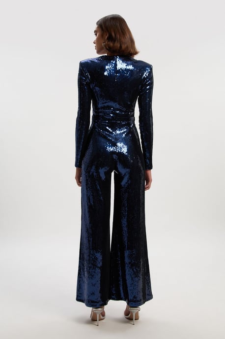 Sequin Power Mesh Lace Up Detail Long Sleeve Jumpsuit - Image 4