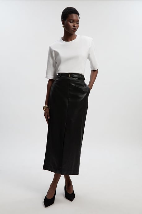 Faux Leather Tailored Midi Pencil Skirt - Image 1