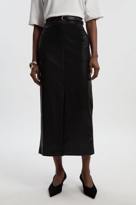 Faux Leather Tailored Midi Pencil Skirt - Image 2