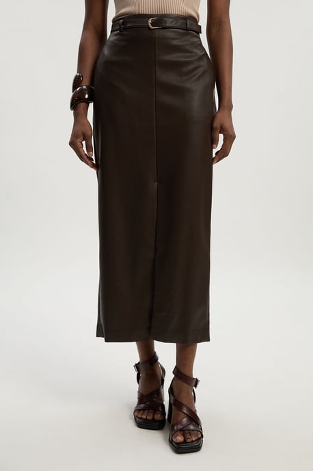 Faux Leather Tailored Midi Pencil Skirt - Image 2