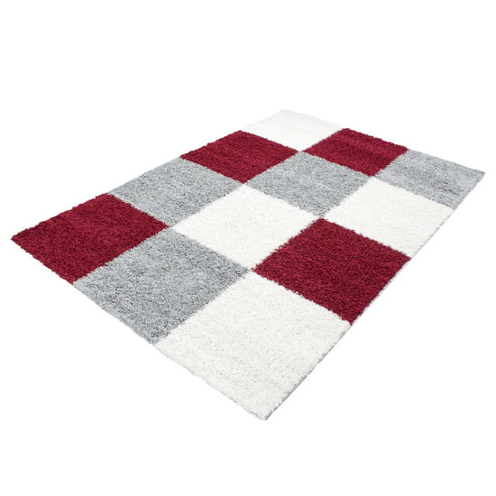Muratap Basic shaggy geblokt vloerkleed rood / grijs hoogpolig- 60x110 cm - Image 4