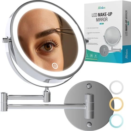 Mirlux Make-up spiegel met led verlichting oplaadbaar 5x vergroting chroom - Image 1
