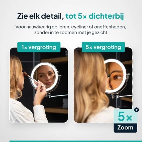 Mirlux Make-up spiegel met led verlichting oplaadbaar 5x vergroting chroom - Image 3