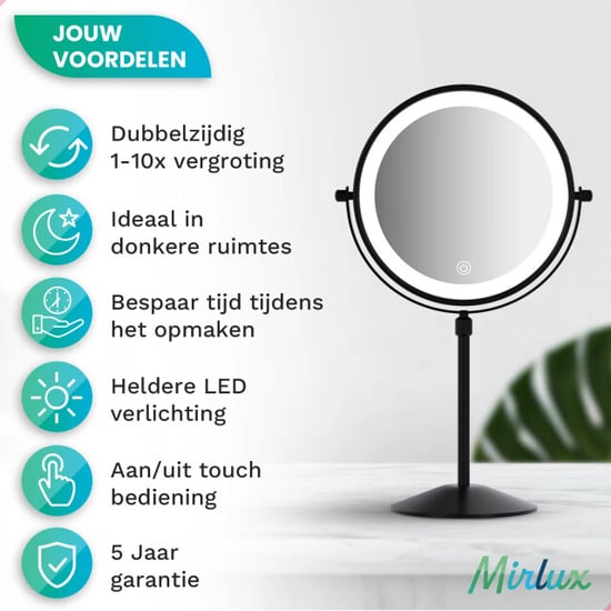 Mirlux Make-up spiegel hoogte verstelbaar zwart 1-10x vergroting - Image 4