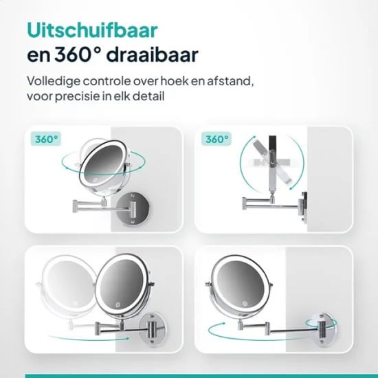 Mirlux Make-up spiegel met led verlichting oplaadbaar 5x vergroting chroom - Image 4