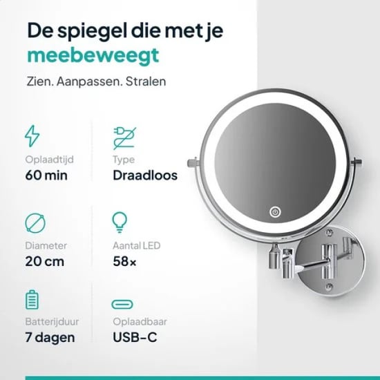 Mirlux Make-up spiegel met led verlichting oplaadbaar 5x vergroting chroom - Image 5
