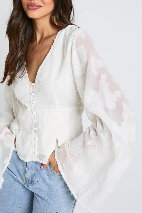 Floral Textured Button Down Blouse - Image 4