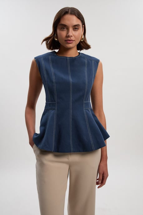 Tencel Cotton Contrast Zip Up Woven Peplum Top - Image 1