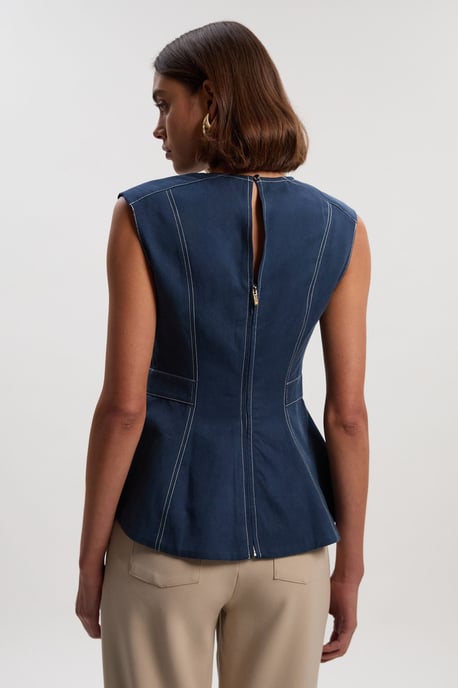 Tencel Cotton Contrast Zip Up Woven Peplum Top - Image 4