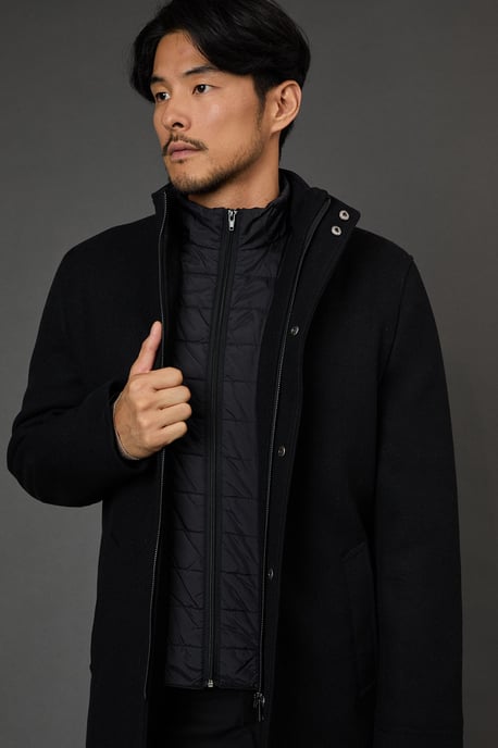 Black Signature Funnel Neck Wool Blend Coat With Insert - Image 3