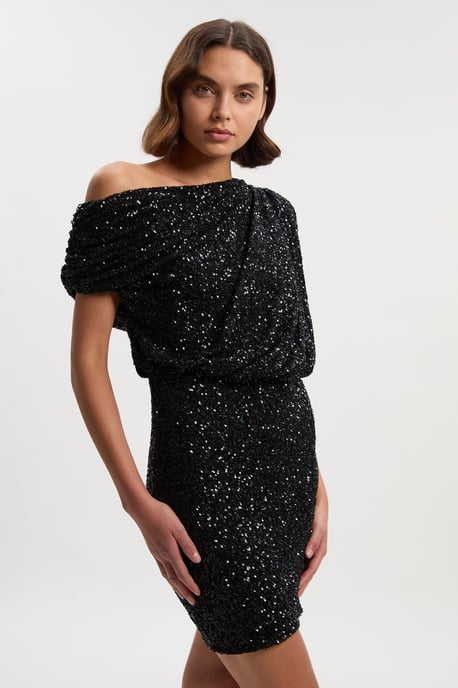 Draped One Shoulder Jersey Stretch Sequin Mini Dress - Image 1
