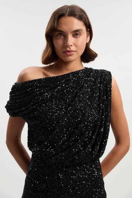 Draped One Shoulder Jersey Stretch Sequin Mini Dress - Image 2