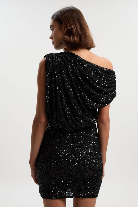 Draped One Shoulder Jersey Stretch Sequin Mini Dress - Image 4
