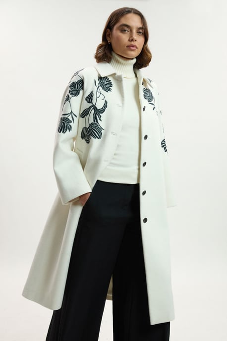 Brushed Wool Placed Embroidery Tailored Midi Coat - Image 4