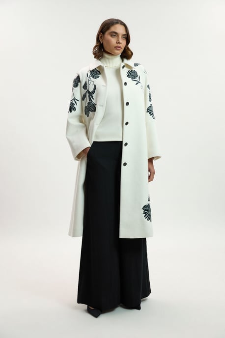 Brushed Wool Placed Embroidery Tailored Midi Coat - Image 5