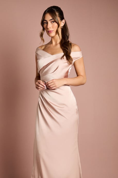 Satin Bardot Bridesmaid Maxi Dress with Waist Ruching Detail - Image 2