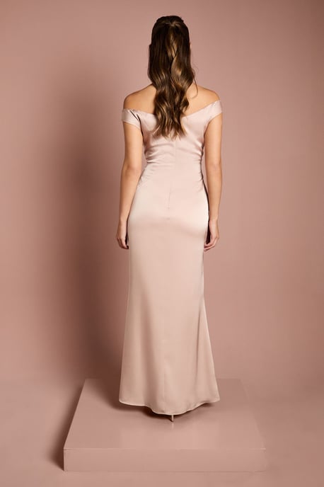 Satin Bardot Bridesmaid Maxi Dress with Waist Ruching Detail - Image 3