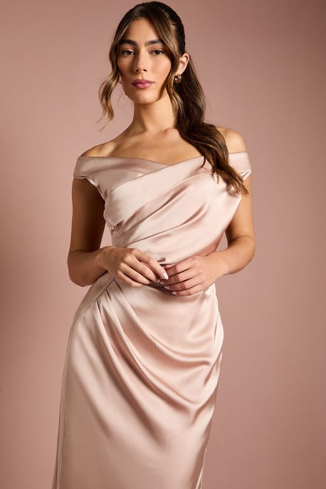 Satin Bardot Bridesmaid Maxi Dress with Waist Ruching Detail - Image 4