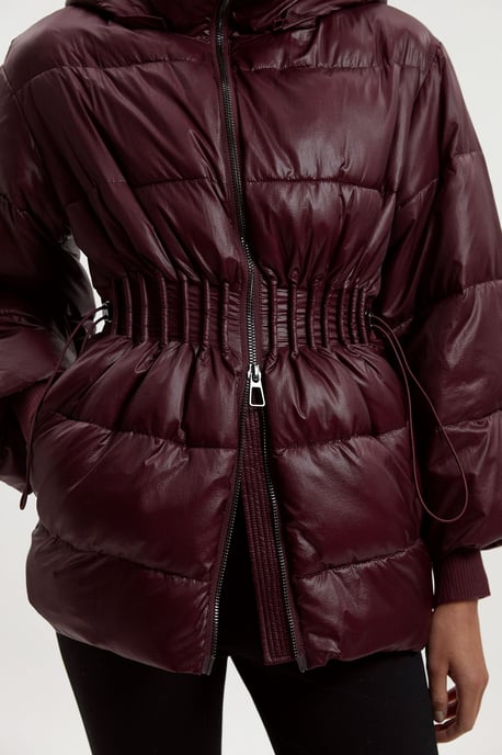 Quilted Drawstring Waist Hooded Rib Cuff Puffer Jacket - Image 2
