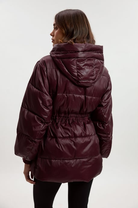 Quilted Drawstring Waist Hooded Rib Cuff Puffer Jacket - Image 3