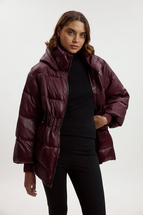 Quilted Drawstring Waist Hooded Rib Cuff Puffer Jacket - Image 5