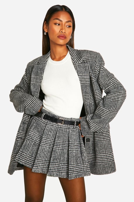 Premium Wool Look Check Belted Mini Skirt - Image 1