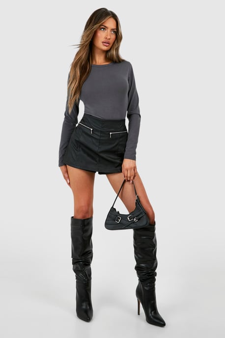 Faux Leather Look Zip Detail Skort - Image 3
