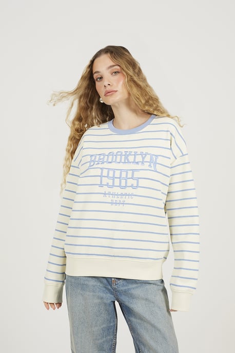 Cream Stripe Embroidered Crew Neck Sweatshirt - Image 1