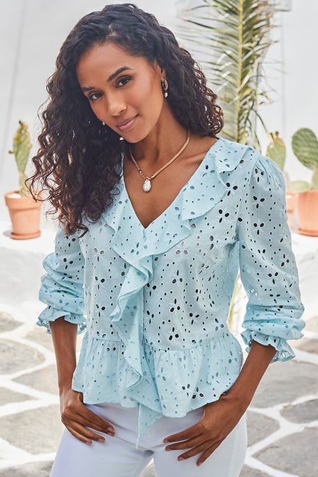 Pastel Blue Broderie Ruffle Detail Cotton Blouse - Image 1
